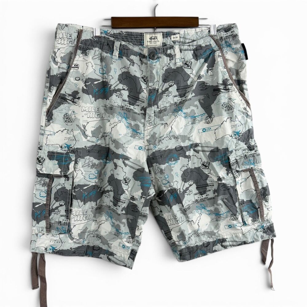 Y2K Ecko Unltd Cargo Shorts Men 38 Mile High All Over Print WhiteBlue Gray White